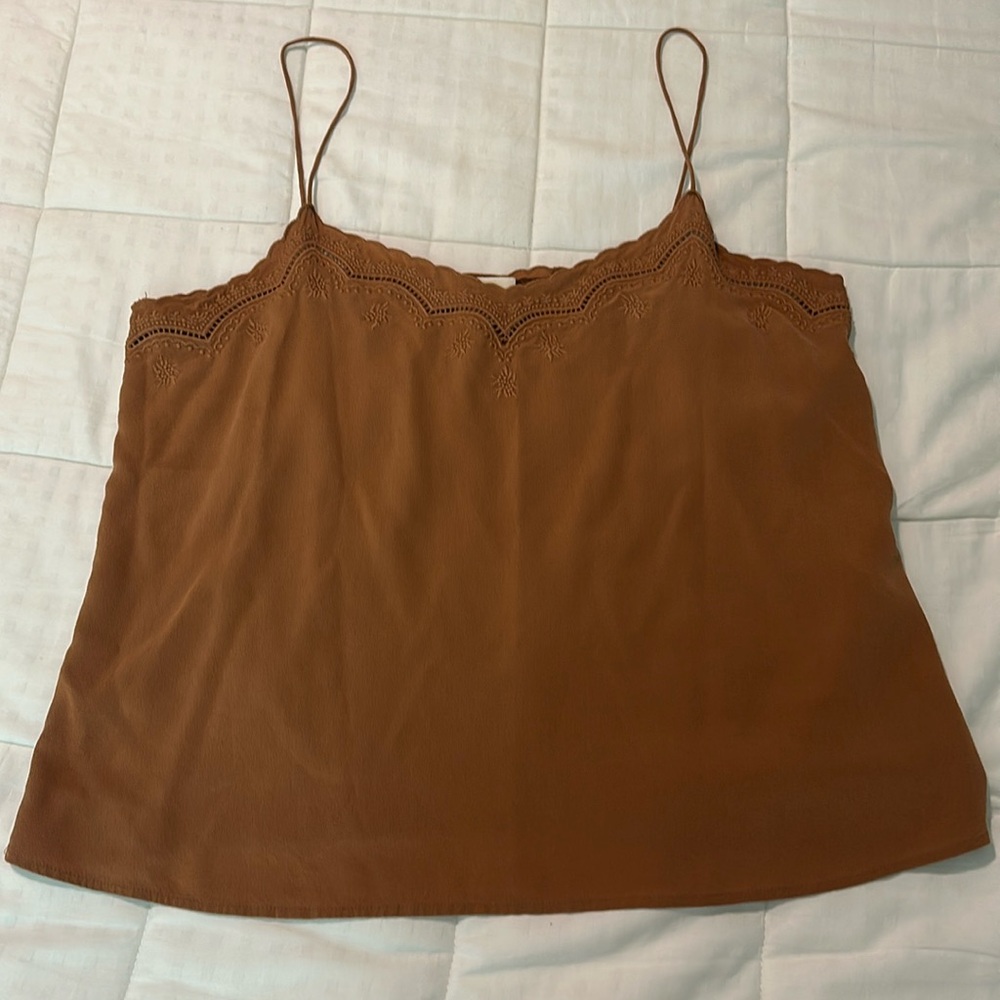 Sezane silk tank with eyelet and scallop edge detail. Size 40